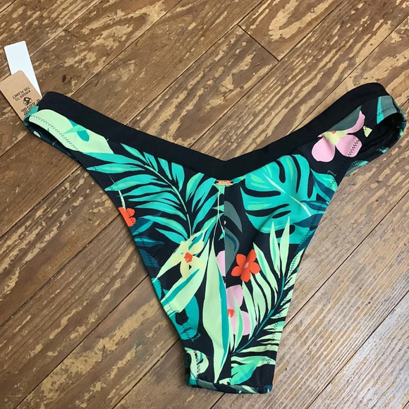 Victoria Secret Pink Itsy Bikini Bottom Cheeky Black Green Palm Jungle Print NWT - Picture 3 of 3